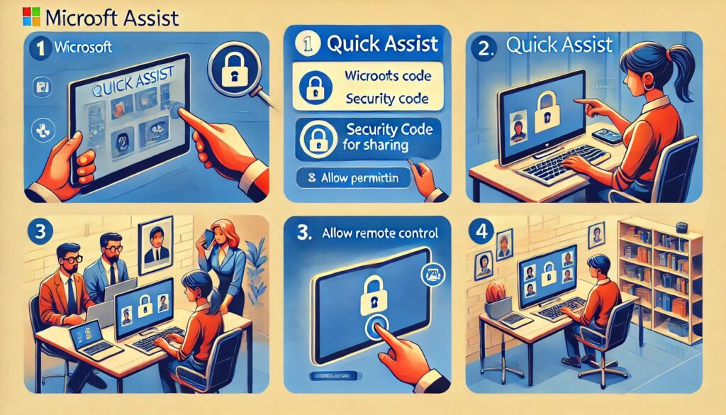 Microsoft Quick Assist for remote computer support. It provides a step-by-step illustration, making it easy for individuals to understand and follow the instructions